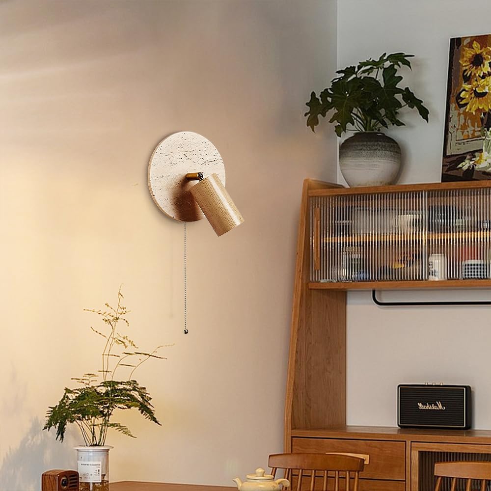 Wabi-Sabi Style Travertine Cylinder Wall Lamp with Pull-chain Switch